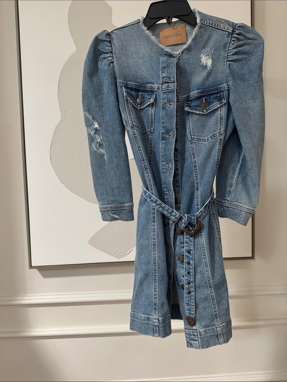 Retrofete Light Blue Distressed Denim Belted Mini Dress
